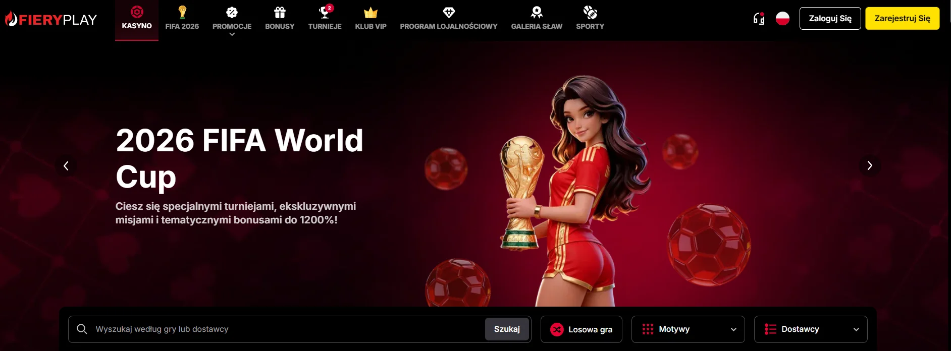 Strona FieryPlay Casino z biblioteką gier
